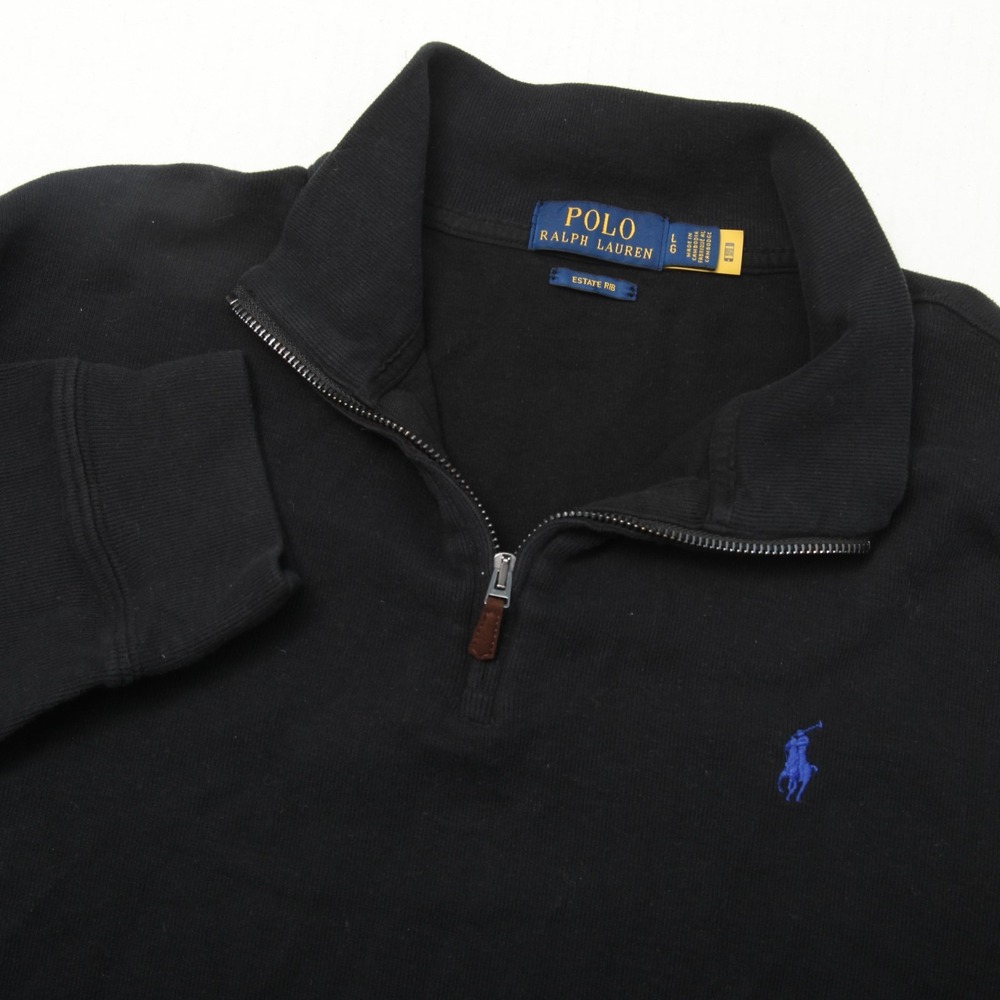 Polo Ralph Lauren Sweater Mens L Black Estate Rib 1/4 Zip Pullover Mock Neck